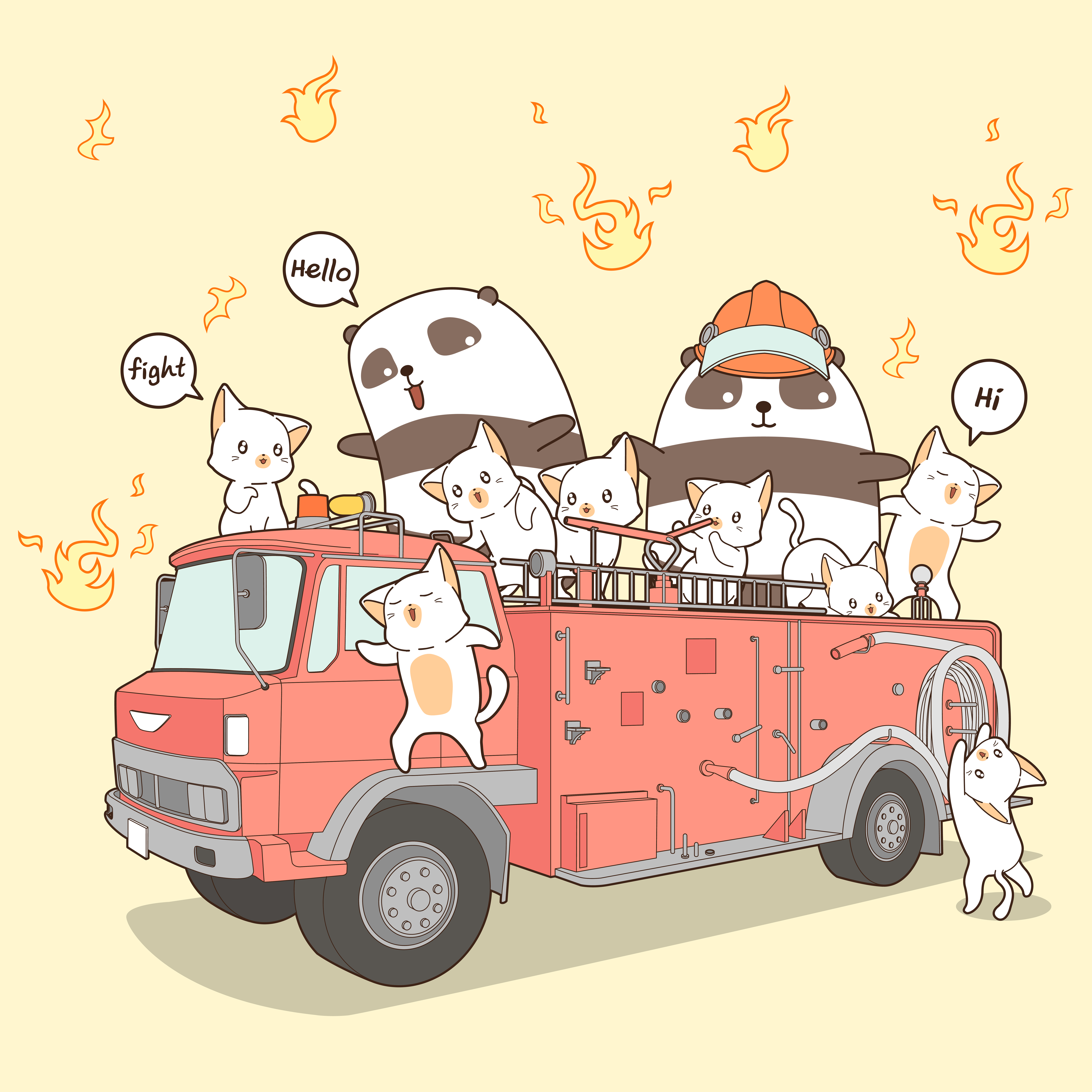 Gatos De Kawaii Y Bombero De La Panda En El Camion De Bomberos En