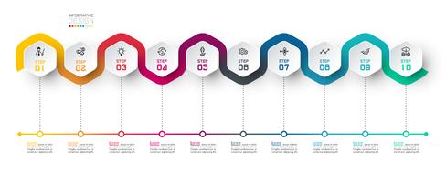 Hexagon label with color line linked infographics.