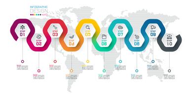 Etiqueta hexagonal con infografías de líneas de color. vector