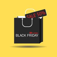 Black Friday concept Black paper cut bag with offer tag Sale. Black friday banner for promote. Vector illustration isolated on yellow background