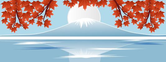 Panorama of autumn season red maple leaf with Fuji mountain in Japan world famous landmarks. Design paper cut style vector illustration