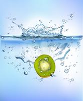fresh fruit splashing into blue clear water splash healthy food diet freshness concept isolated white background. Realistic Vector Illustration.