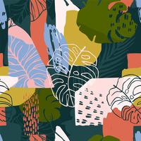 Abstract creative seamless pattern with tropical plants and artistic background. vector