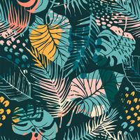 Abstract creative seamless pattern with tropical plants and artistic background. vector