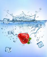 fresh vegetables splashing ice into blue clear water splash healthy food diet freshness concept isolated white background. Realistic Vector Illustration.