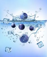 fresh vegetables splashing ice into blue clear water splash healthy food diet freshness concept isolated white background. Realistic Vector Illustration.