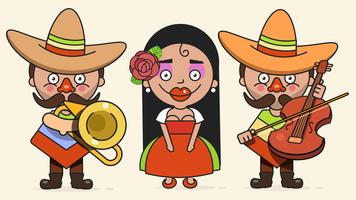 Ilustración vectorial de músicos mexicanos con dos hombres y una mujer con guitarras en ropa nativa y sombrero plano Vector