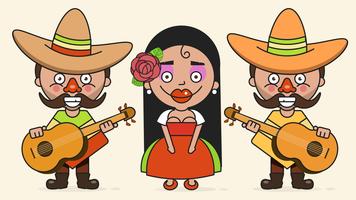 Ilustración vectorial de músicos mexicanos con dos hombres y una mujer con guitarras en ropa nativa y sombrero plano Vector