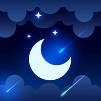Mystical Night sky background with half moon, clouds and stars. Moonlight night. Vector