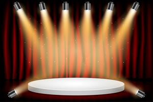 White Round Winner Podium on Red Curtain Theater Scene Stage Background. Stage with Studio Lights for Awards Ceremony. Spotlights illuminate. Vector illustration.  Background. 