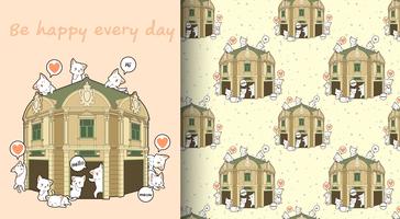 Seamless kawaii cats with the historic building pattern vector