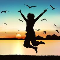 Happy girl jumping, on silhouette art. vector