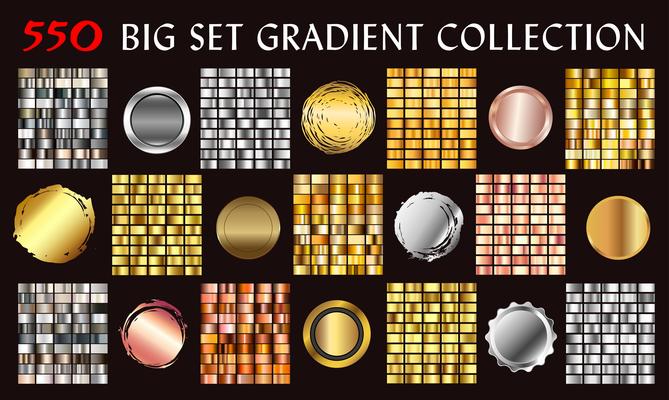 Big collection colorful gradients. Metallic gradients consisting backgrounds. Vector.