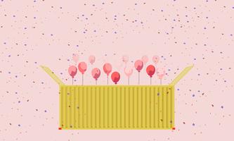 Colorido contenedor de regalo caja amarillo y corazón globos vector tarjeta de felicitación