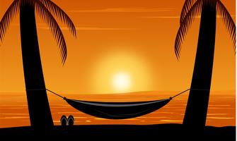 Silhouette of palm tree and hammock on beach under sunset sky background. Design summer vector illustration