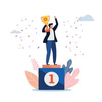 El hombre de pie en un pedestal de ganadores con una copa de oro. ilustración vectorial Personaje de dibujos animados plana vector