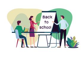 Welcome back to school. Teacher and students on the classroom. Flat cartoon illustration vector