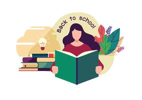 Welcome back to school. Student reading a book. Flat cartoon vector illustration.