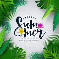 Vector Hello Summer Illustration with Typography Letter and Tropical Palm Leaves on White Background. Exotic Plants and Flower for Holiday Banner