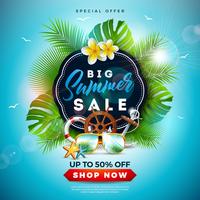 Summer Sale Design with Flower, Beach Holiday Elements and Exotic Leaves on Ocean Blue Background. Tropical Floral Vector Illustration with Special Offer Typography for Coupon