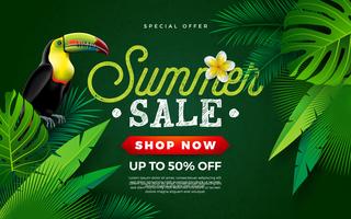 Summer Sale Design with Flower, Toucan Bird and Tropical Palm Leaves on Green Background. Vector Holiday Illustration with Special Offer Typography Letter
