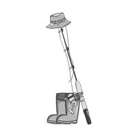 Herramienta de pesca en escala de grises con botas y sincast con sombrero. vector