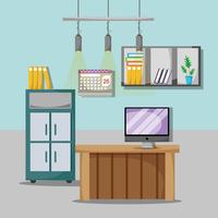 office flat with desk and work accessories vector