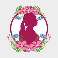 fucsia woman silhouette with flowers and leaves design vector