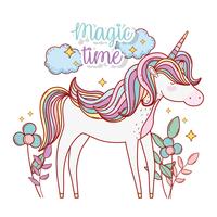 cute unicorn with flowers and leaves plants vector