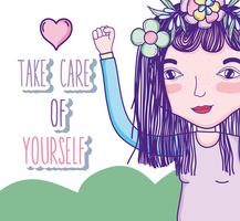 Take care of yourself quote with girl cartoon vector