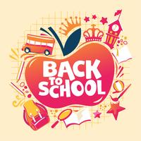 Back to School Illustration, Backpack with School Equipment, Bus and School Building vector