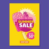 Ilustración de venta de verano con paleta, playa y fondo de hojas tropicales vector