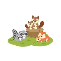 Lindos animales de la familia del bosque. Zorros, mapaches, dibujos animados de ardillas. vector