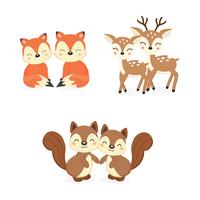 Set of cute couple woodland animals. Foxes,Deer,Squirrels cartoon. vector