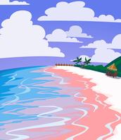 Paisaje de mar de playa tropical con arena rosada, agua azul y palmas. Cartel del vector de la vendimia