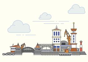 Port and city view. Vector outline illustration