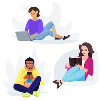 Young people in bold modern vector illustration, sitting comfortably and reading