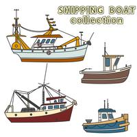 Set of fishing vessel in sea. Vector colored illustration