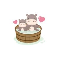 Feliz hipopótamo y bebé en la bañera de madera.