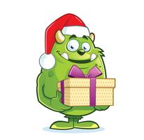 Cute monster with Santa hat holding gift box vector