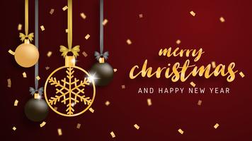Merry Christmas and Happy new year greeting card in paper cut style background. Vector illustration Christmas celebration decoration on red background. banner, flyer, poster, wallpaper, template.