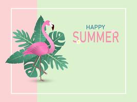 Illustration of summer banner background in paper cut style with flamingo bird and green tropical leaves on pastel color background. Vector illustration.
