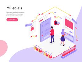 Plantilla de página de destino de Millennials y concepto de ilustración isométrica de Social Media. Concepto de diseño plano isométrico de diseño de página web para sitio web y sitio web móvil. Ilustración de vector