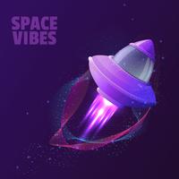 Vector design with space ship with fire from engine and abstract shining waves