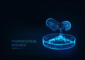 Concepto farmacéutico de la investigación con la píldora de la medicina y placa de Petri y texto aislados en azul marino. vector