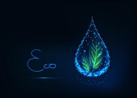 Futuristic glowing transparent low polygonal water drop with green leaves and text eco. vector