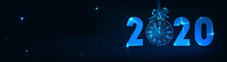 Happy New year banner with futuristic glowing low poly 2020 text, clock countdown, gift bow, stars. vector