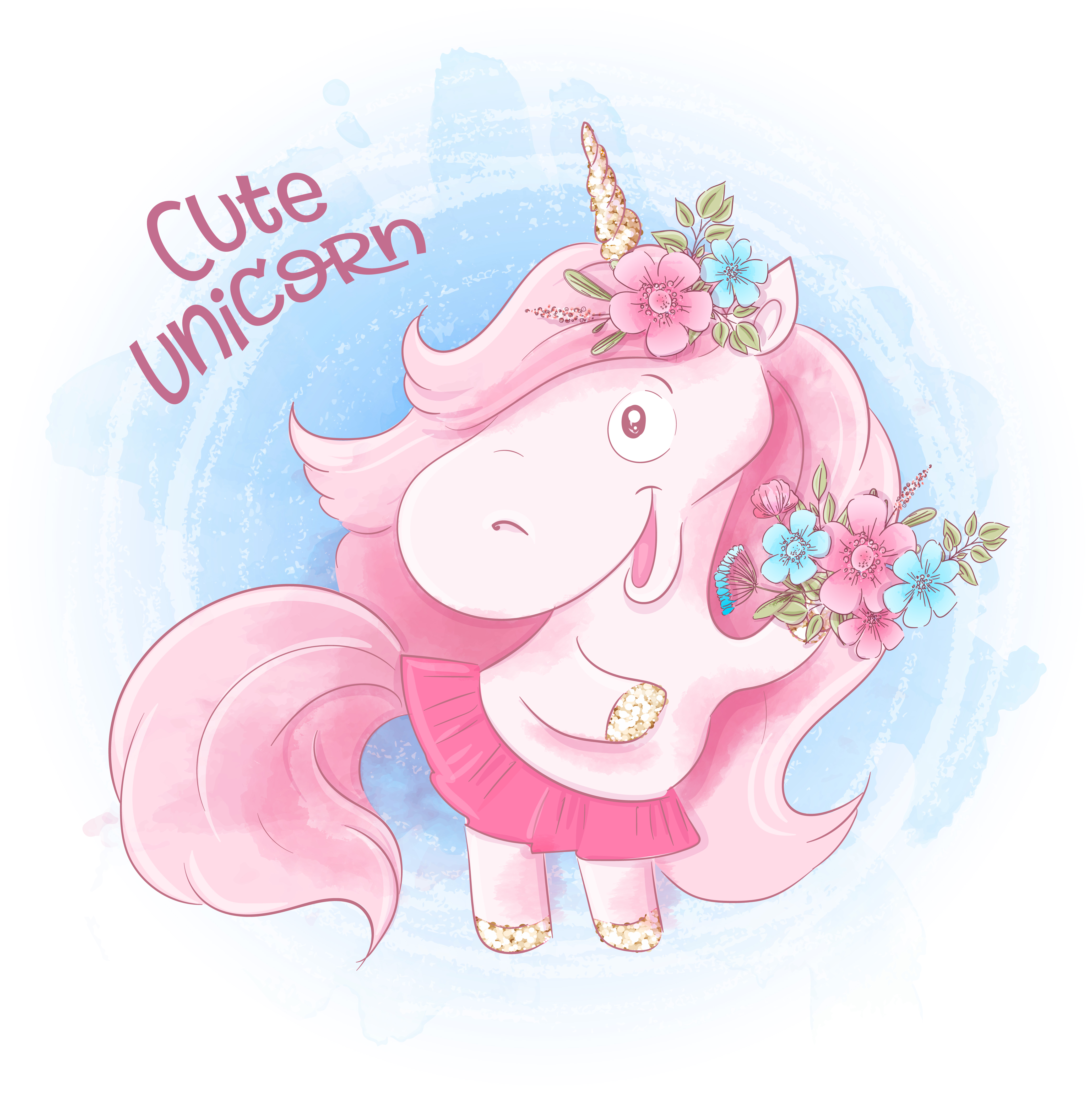 Cute Cartoon Unicorn On A Watercolor Background Download Free