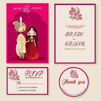 cute Indian bride and groom on wedding invitations card template vector