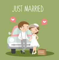 cute romantic couple with suitcase and car for traveling to honeymoon trip . vector